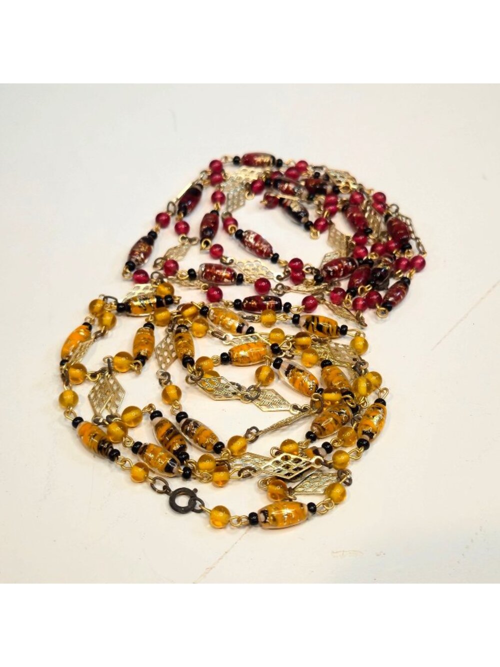 Sommerso Art Glass Bead Necklaces set Amber Red Gold-Tone Metal Filigree VTG